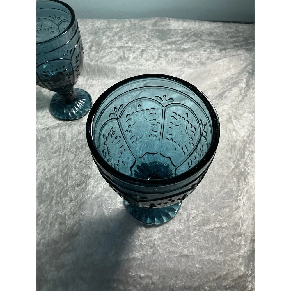 Vintage 2 Indiana Glass Tiara Bicentennial Blue Footed Water Goblets